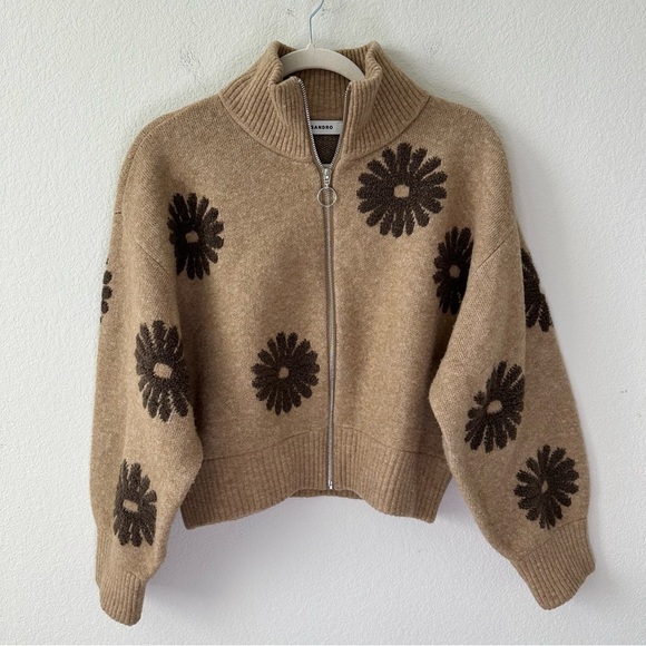 Sandro Silas Wool-Blend Floral Zip-Up Trucker-Style Knit Sweater SZ 3, L - Picture 2 of 8